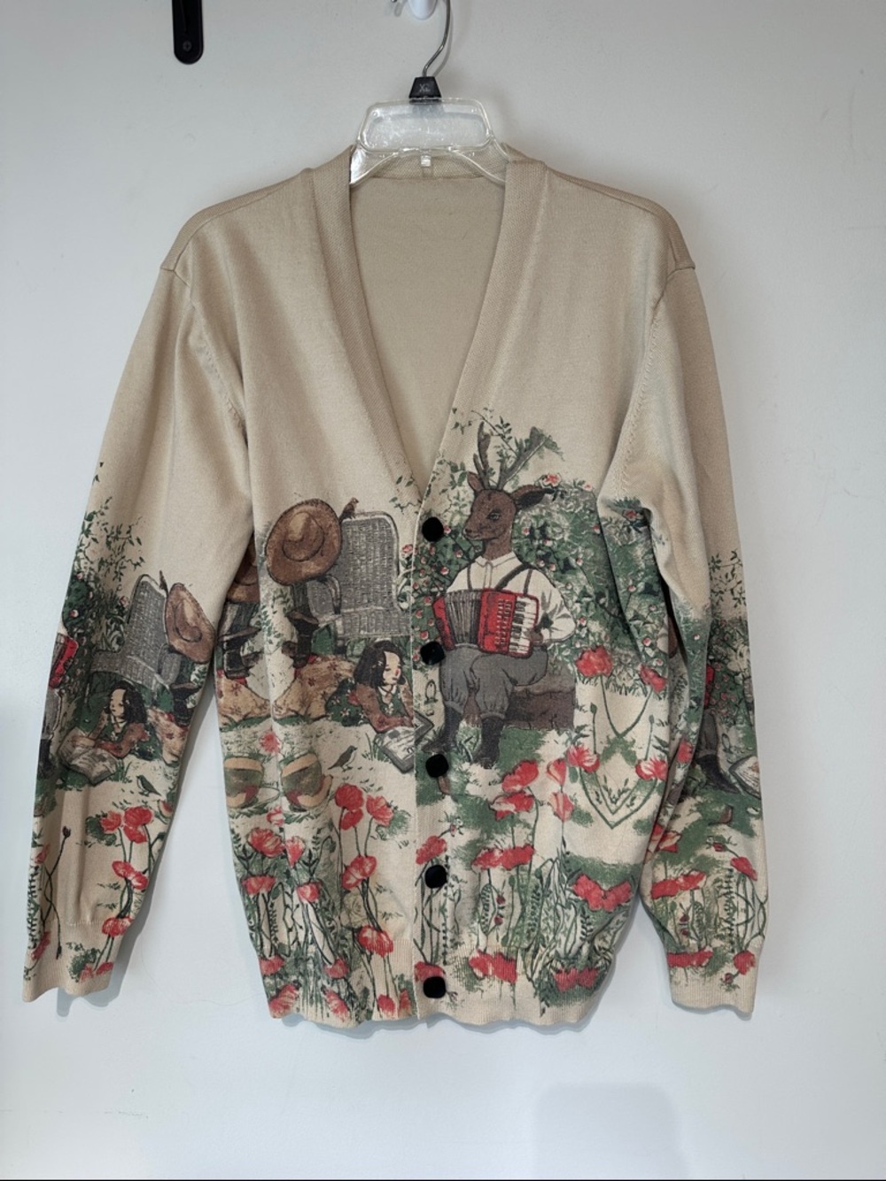 Beige Illustrated V-Neck Cardigan with Floral Picnic Scene
